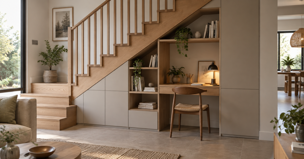Aménager sous un escalier : 12 idées utiles du rangement au coin bureau