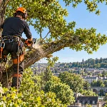 Élagueur équipé intervenant dans un arbre