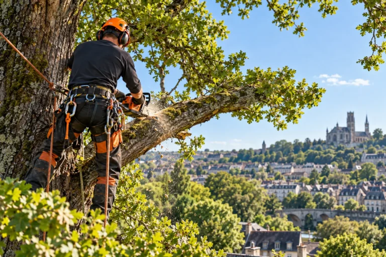 Élagueur équipé intervenant dans un arbre
