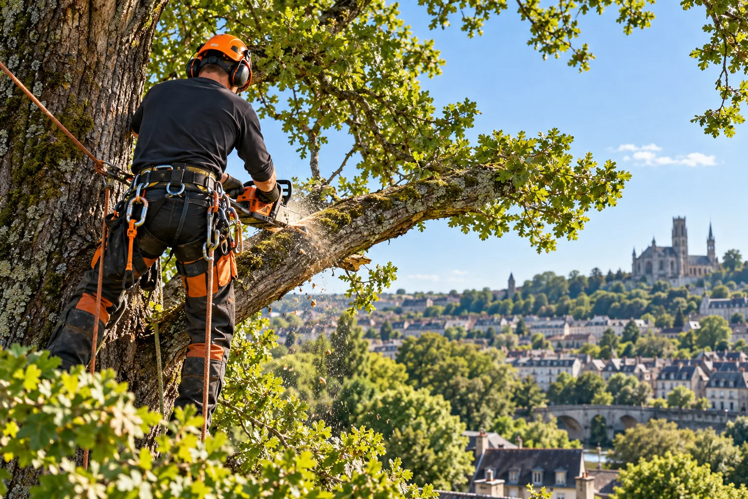 Élagueur équipé intervenant dans un arbre